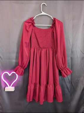 SHEIN Berry Pink Smocked Bodice Long Sleeved Flowy Off Shoulder  Midi Dress